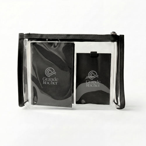 Black ColorPulse Passport Holder & Luggage Tag with custom logos on the items
