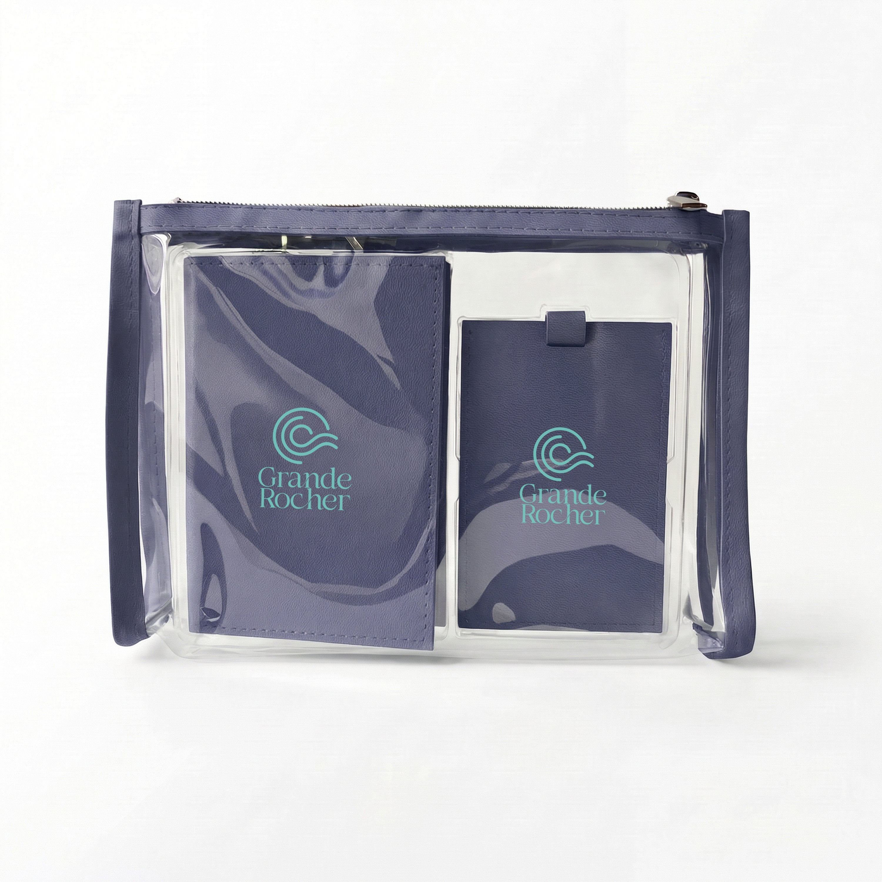 Navy ColorPulse Passport Holder & Luggage Tag with custom logos on the items