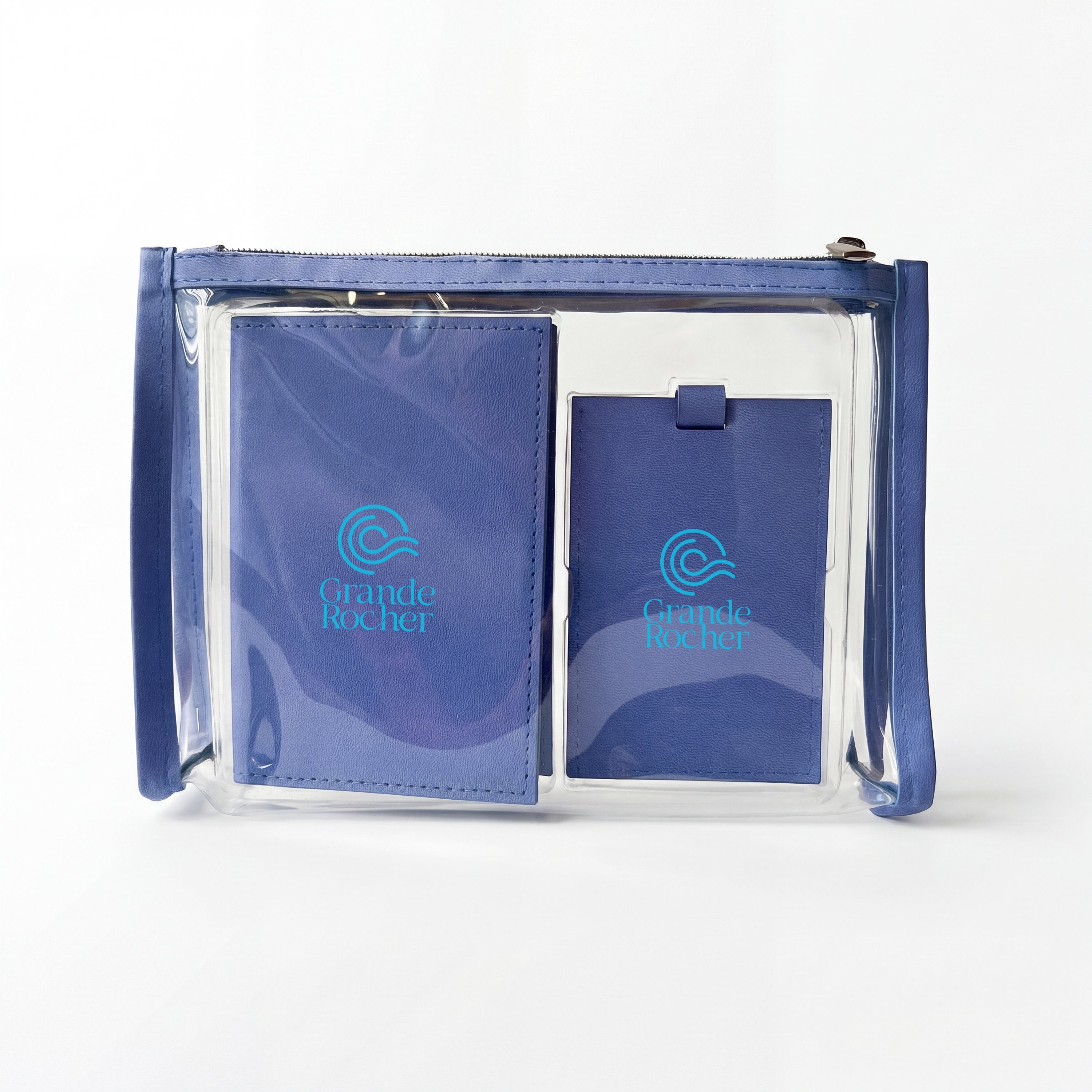 Powder Blue ColorPulse Passport Holder & Luggage Tag with custom logos on the items