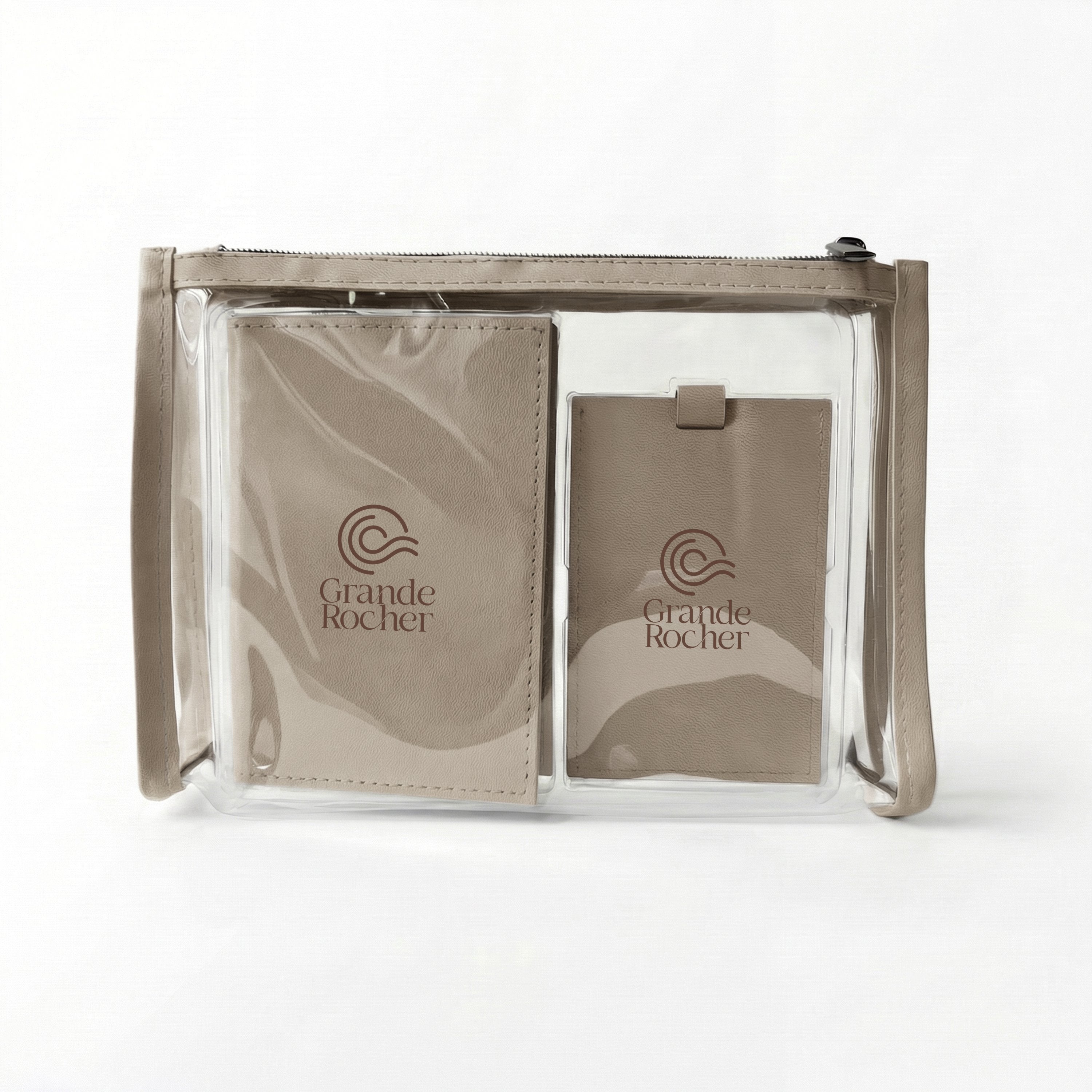 Taupe ColorPulse Passport Holder & Luggage Tag with custom logos on the items