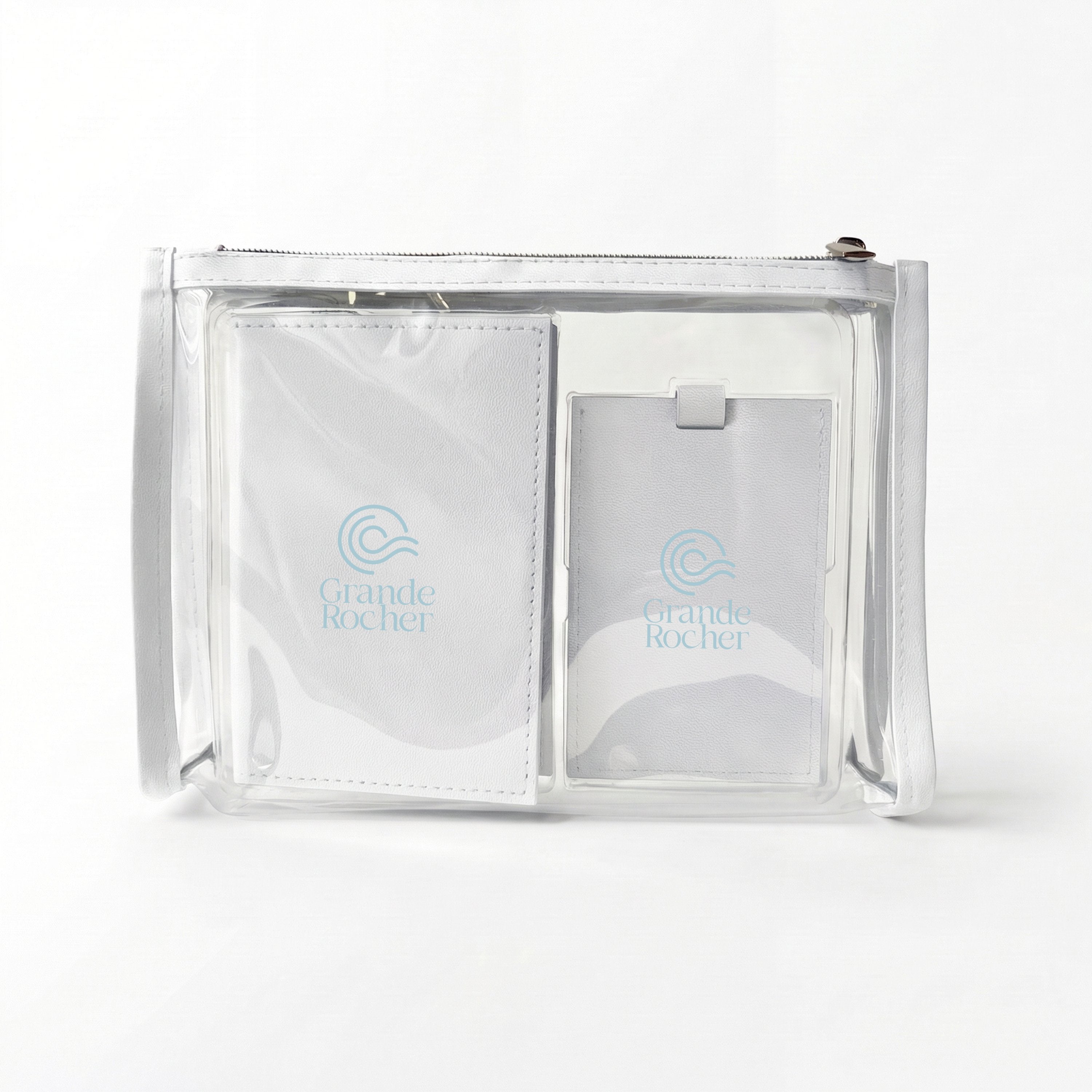 White ColorPulse Passport Holder & Luggage Tag with custom logos on the items