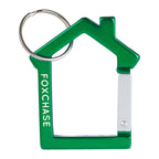Green house-shaped carabiner with a custom logo