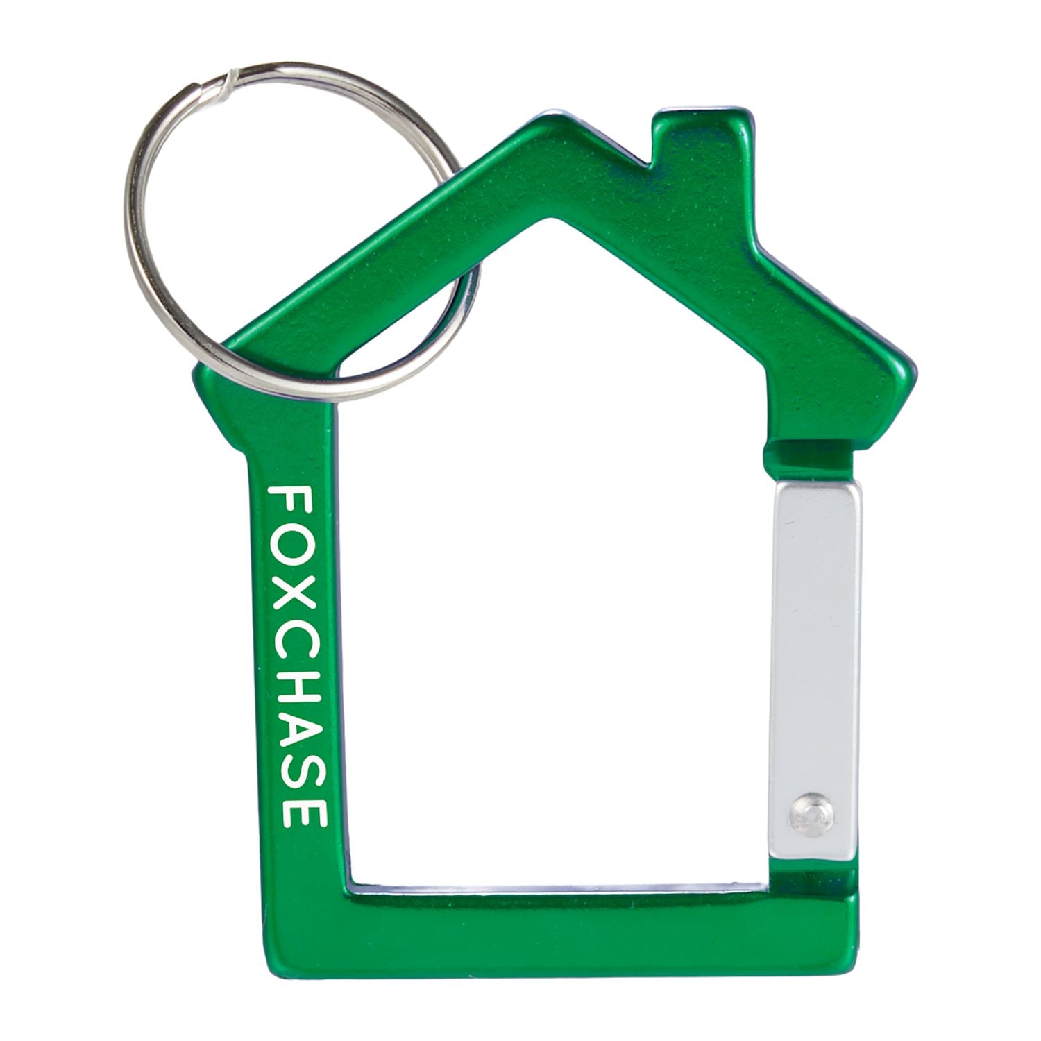Green house-shaped carabiner with a custom logo