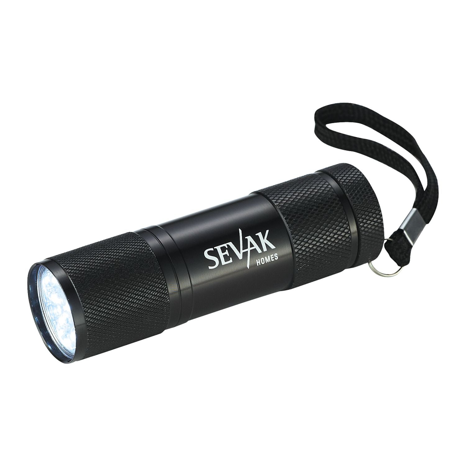 Black flashlight with 'Sevak Homes' branding on a white background