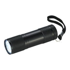 Black flashlight with a strap on a white background