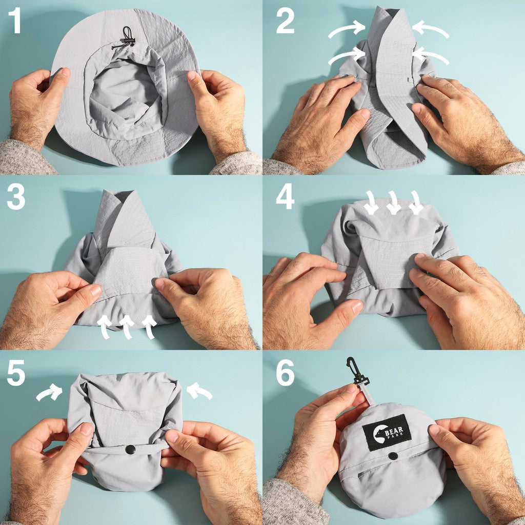 Six-panel instructional diagram showing how to fold a Wanderlust Packable Bucket Hat. Hands are visible in each panel with white arrows indicating folding directions, on a light blue background.
