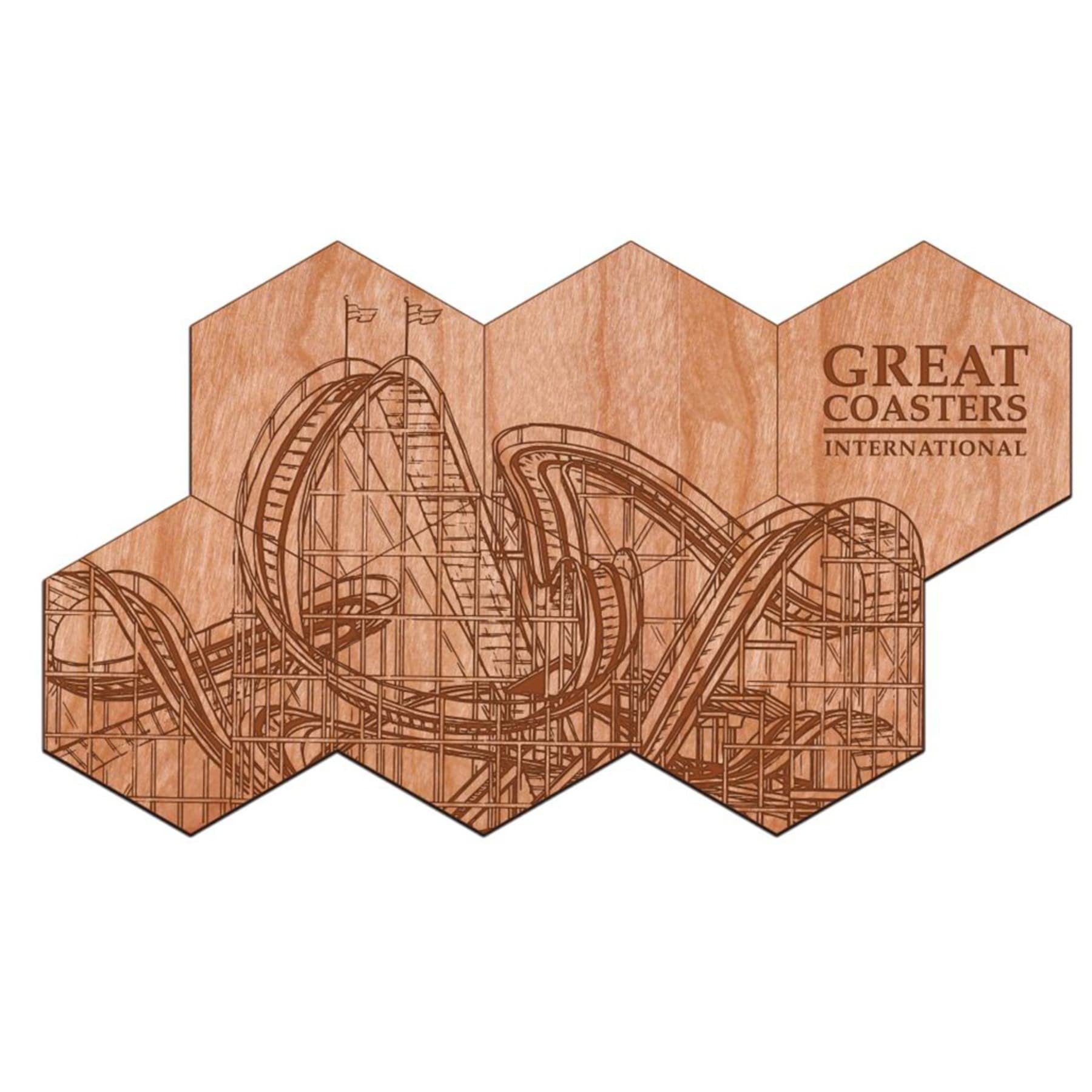 Wooden coaster with roller coaster design and branding on a white background