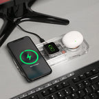 Custom Wireless Multi-device charging station with smartphone, smartwatch, and wireless earbuds on a desk.