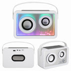White portable speaker with colorful LED lights on a white background