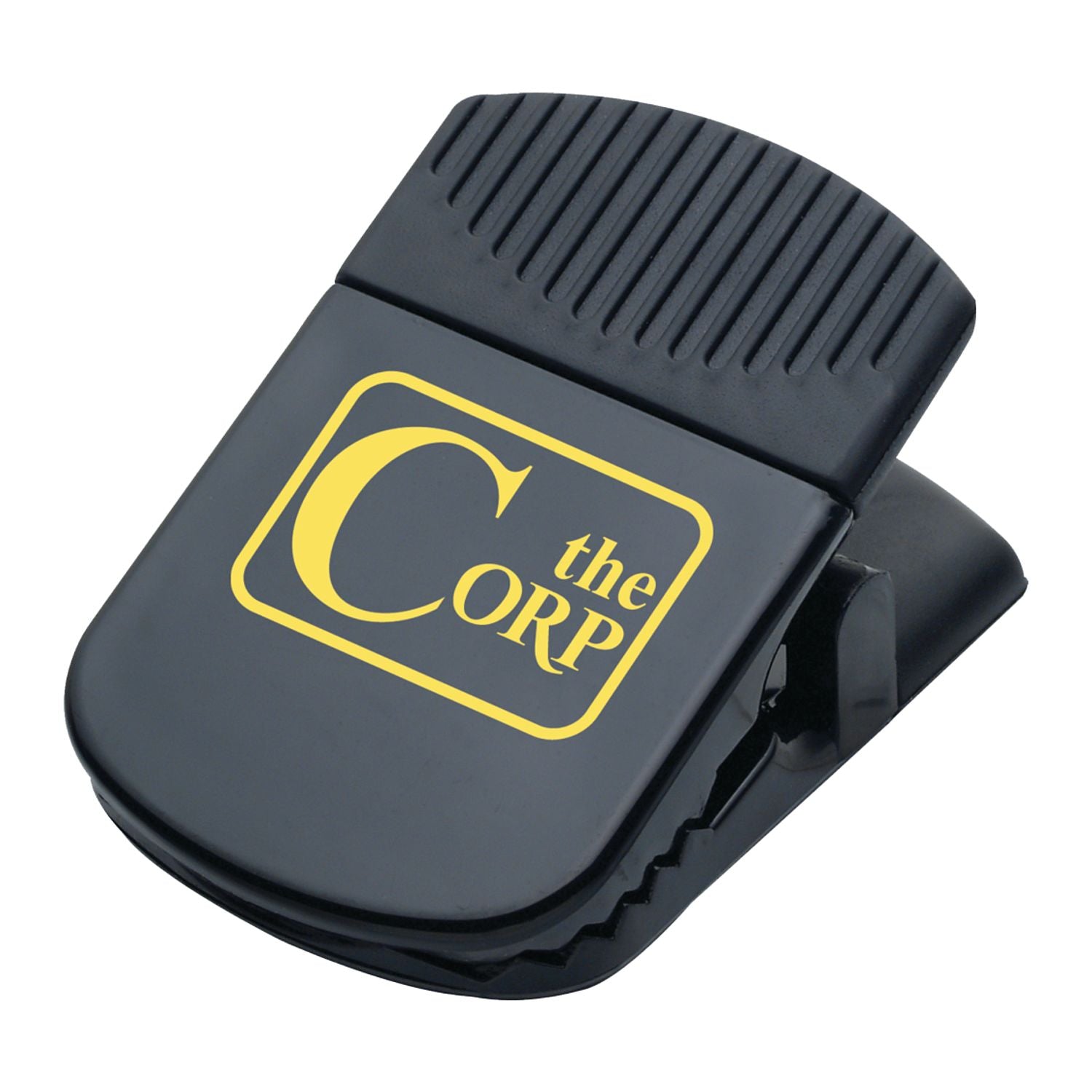 Black clip with a custom logo