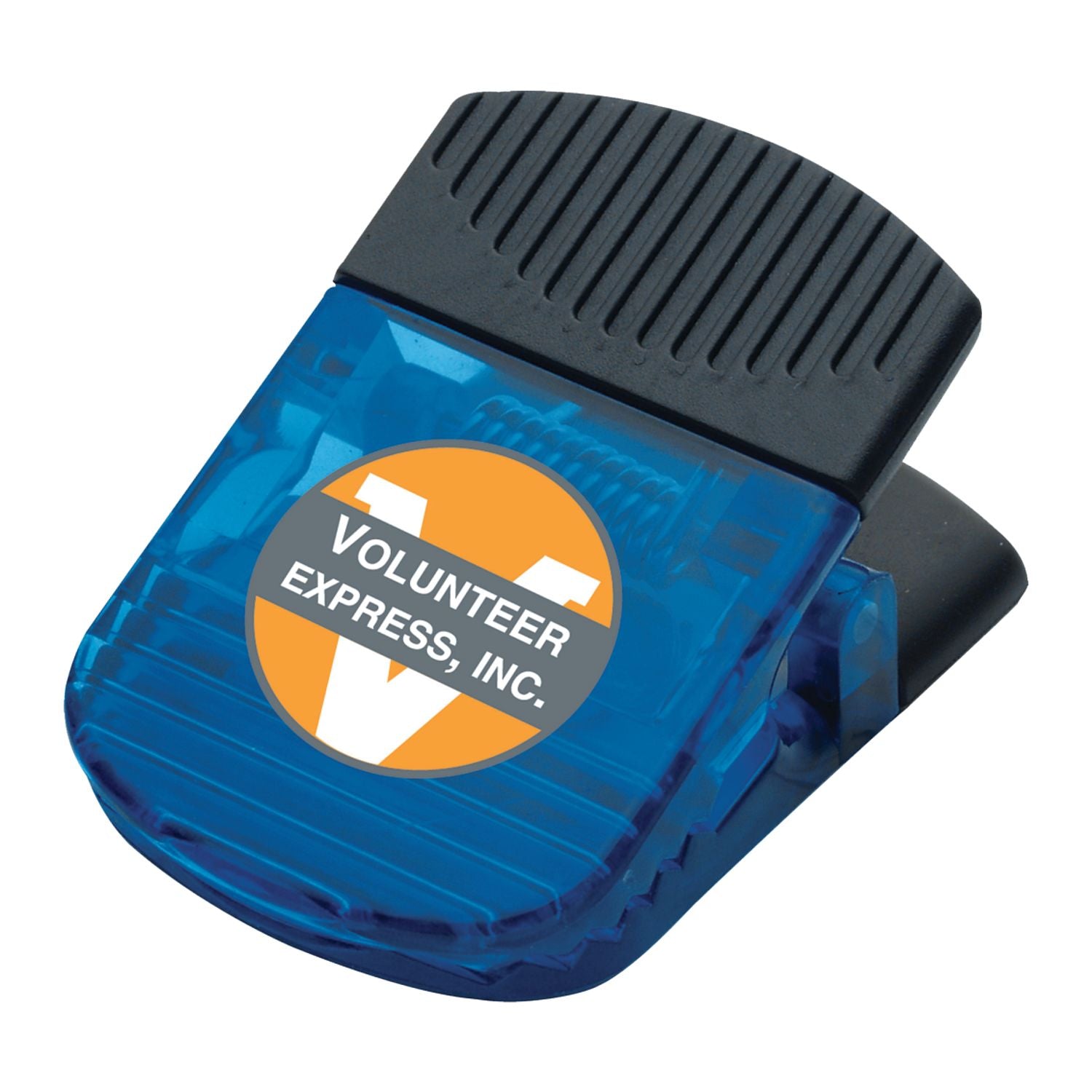 Blue clip with with a custom logo