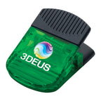 Green clip with a custom logo
