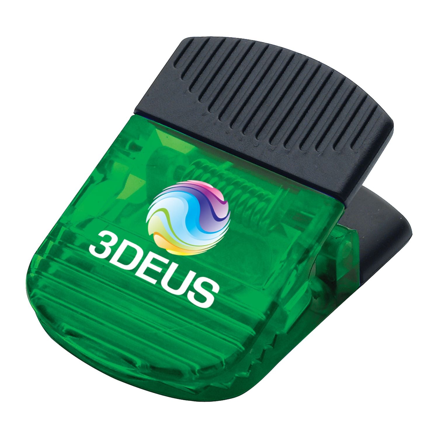 Green clip with a custom logo