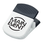 White and black clip with a custom logo