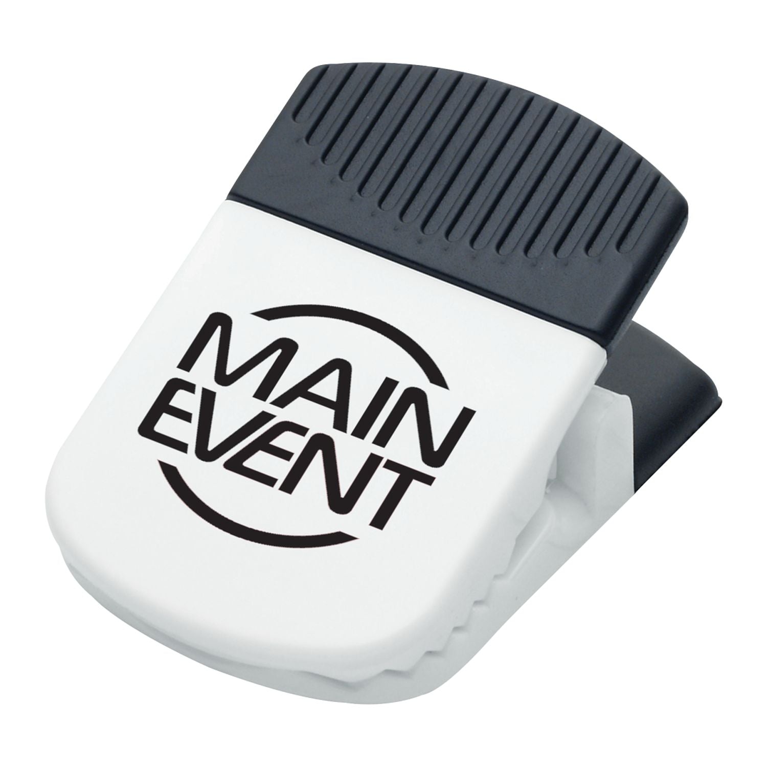 White and black clip with a custom logo