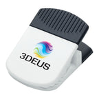 White clip with black top with a custom logo