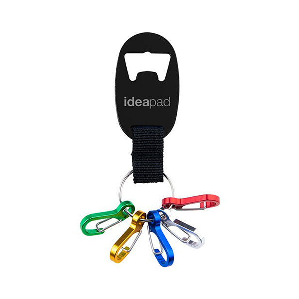 Black bottle opener keychain with colorful carabiners on a white background