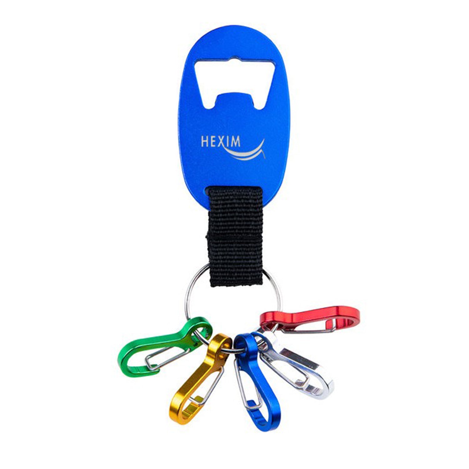 Blue bottle opener keychain with colorful carabiners on a white background