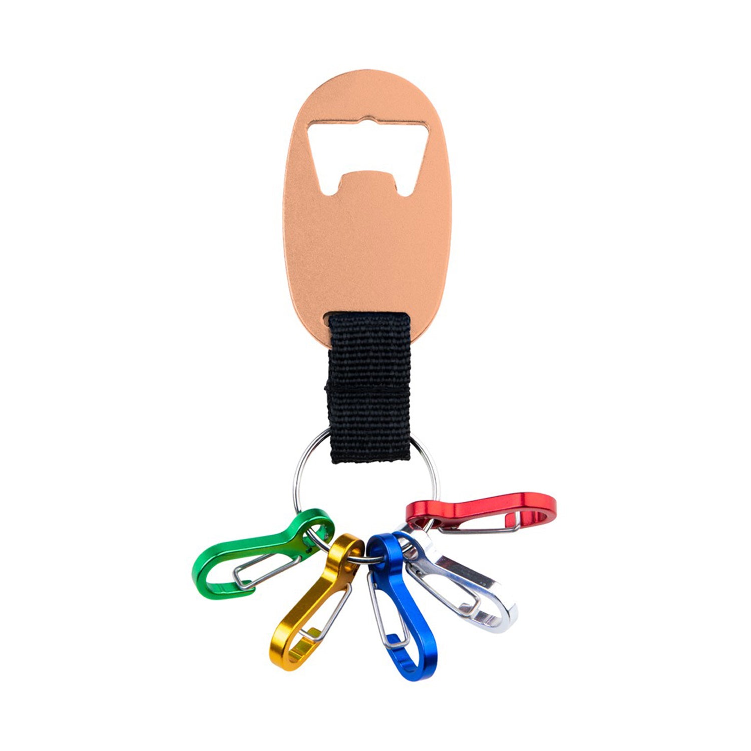 Keychain with bottle opener and colorful carabiners on a white background