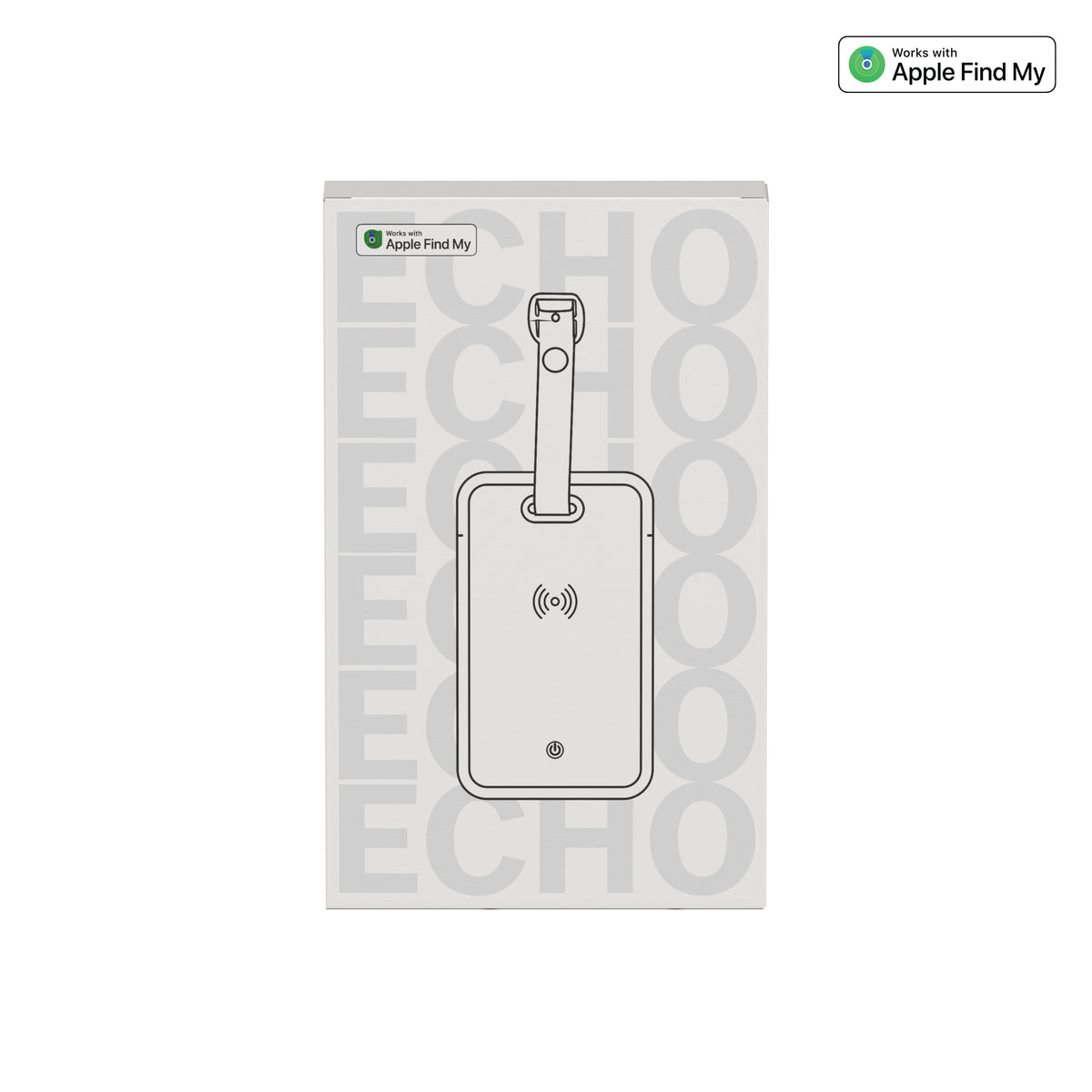 Echo Luggage Tag Packaging of a device with Apple Find My logo on a white background