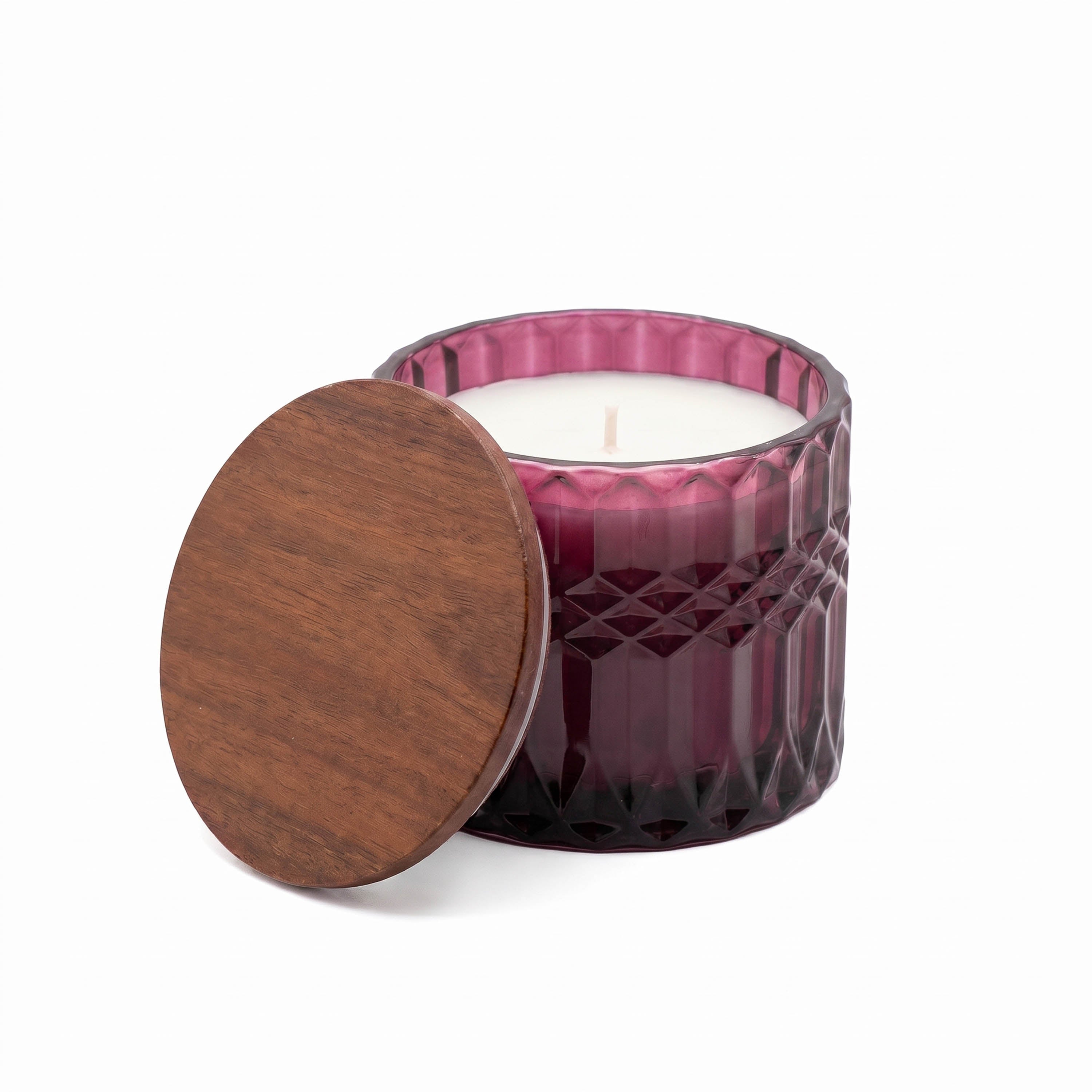 Horizon 10 oz Glass Candle with Acacia Wood Lid - Burgundy