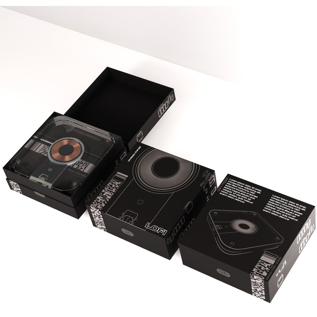 Black packaging boxes with audio cassette design on a white background