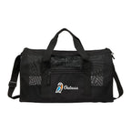 Black duffel bag with mesh sides and Outlass logo on a white background