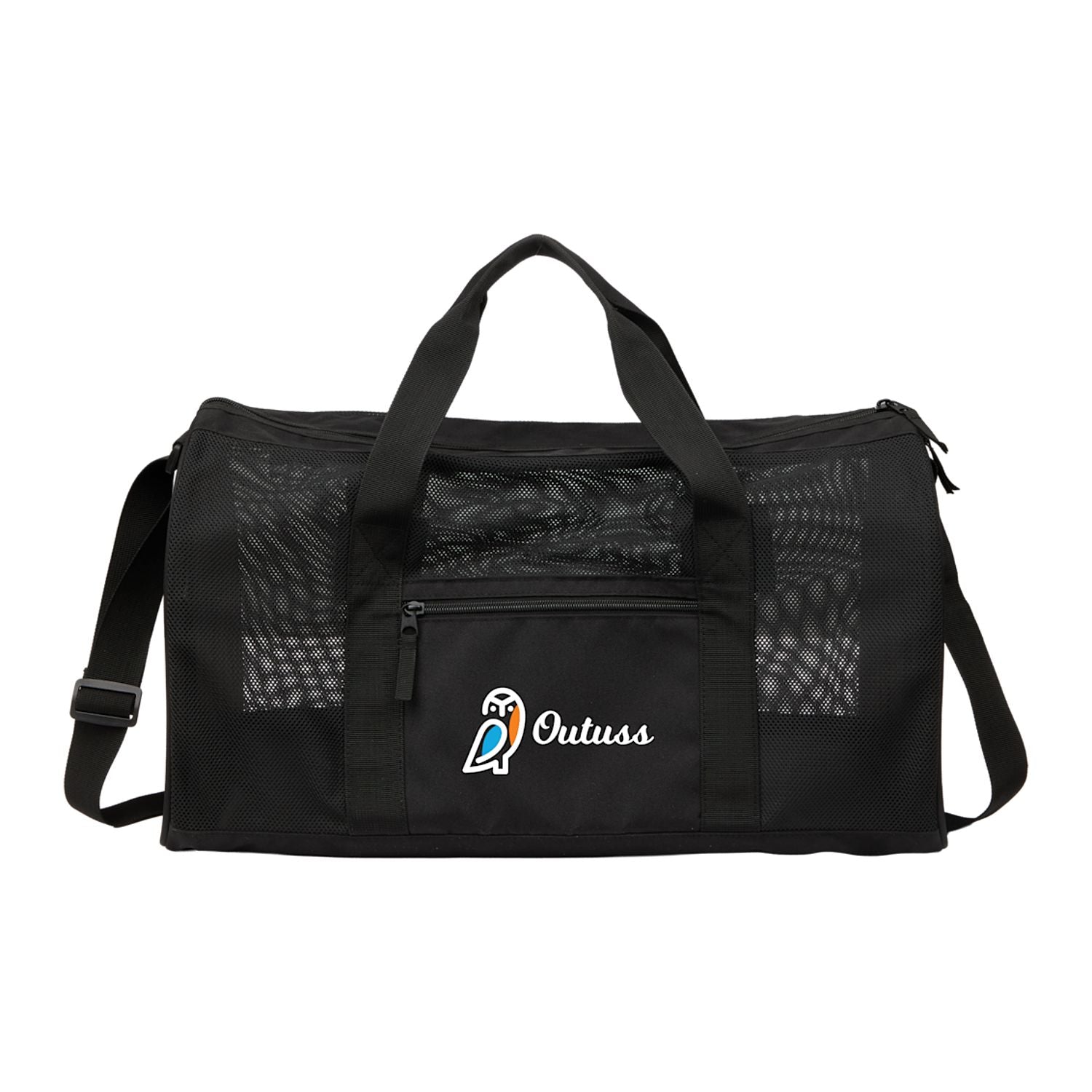 Black duffel bag with mesh sides and Outlass logo on a white background