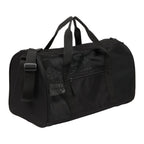Black duffel bag with mesh side panel on a white background