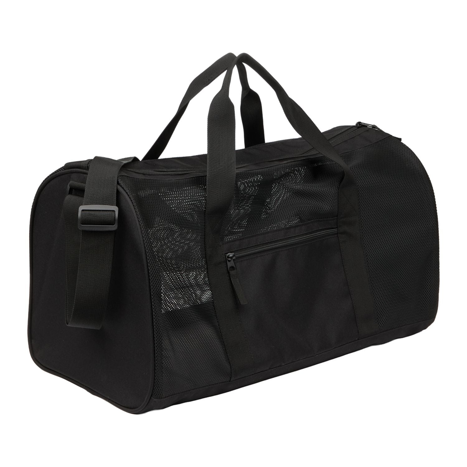 Black duffel bag with mesh side panel on a white background