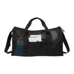 Black duffel bag with a clear side pocket on a white background