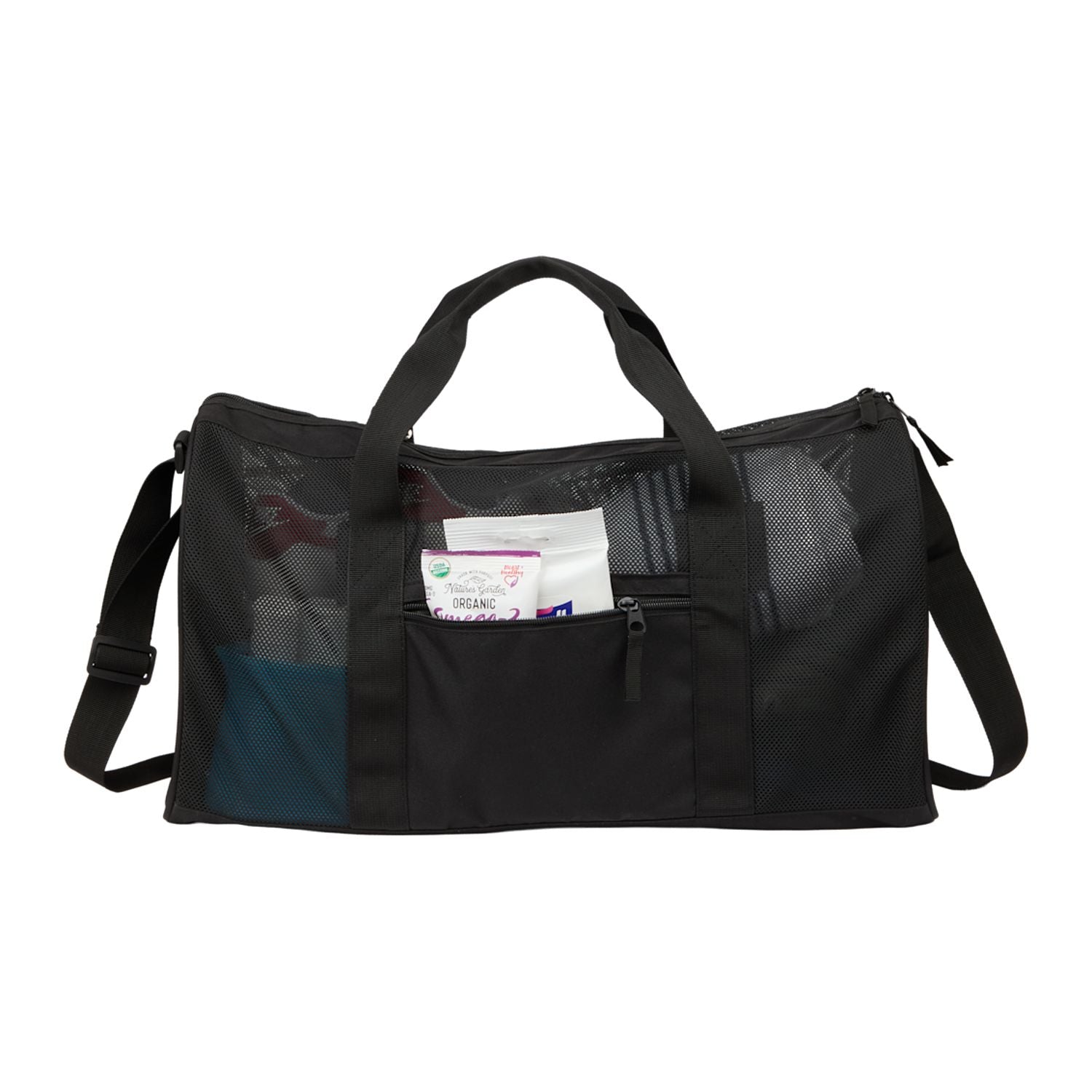 Black duffel bag with a clear side pocket on a white background