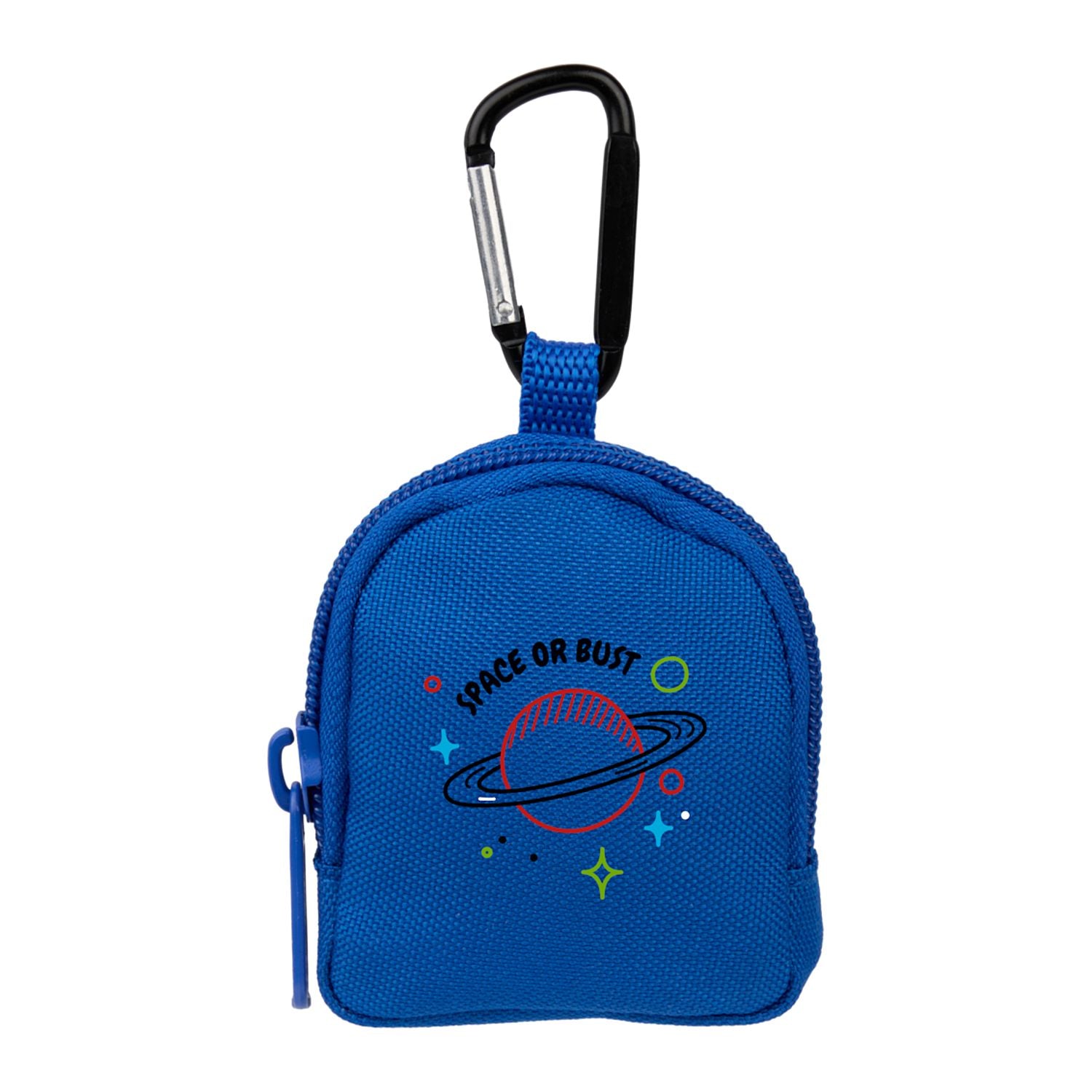 Blue pouch with 'Space or Bust' design and carabiner on a white background