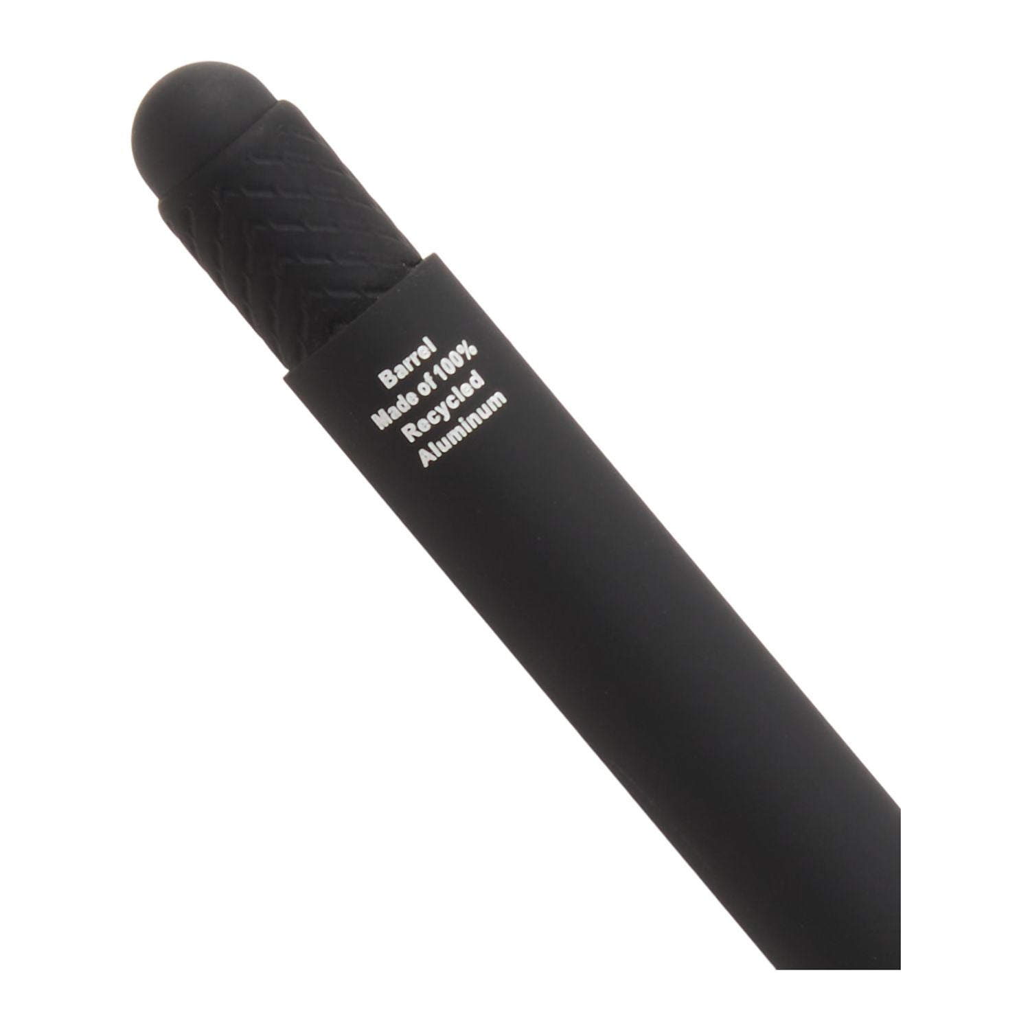 Black pen with 'Barrel Made of 100% Recycled Aluminum' text on a white background