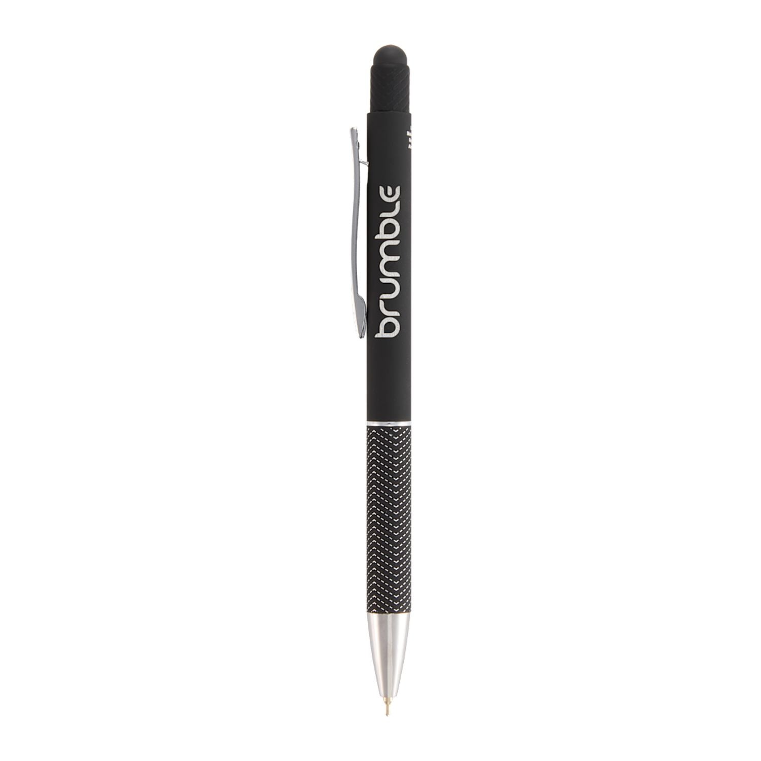 Black pen with stylus tip and 'brumble' branding on a white background