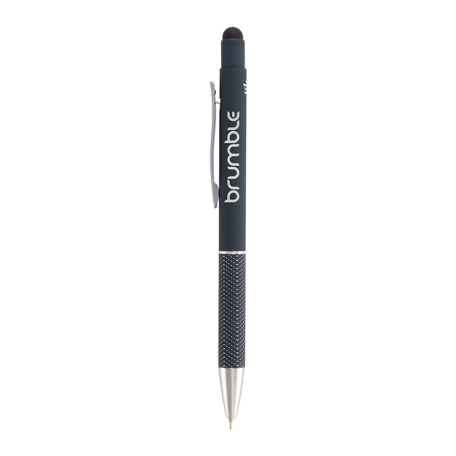 Navy pen with stylus tip and 'brumble' branding on a white background