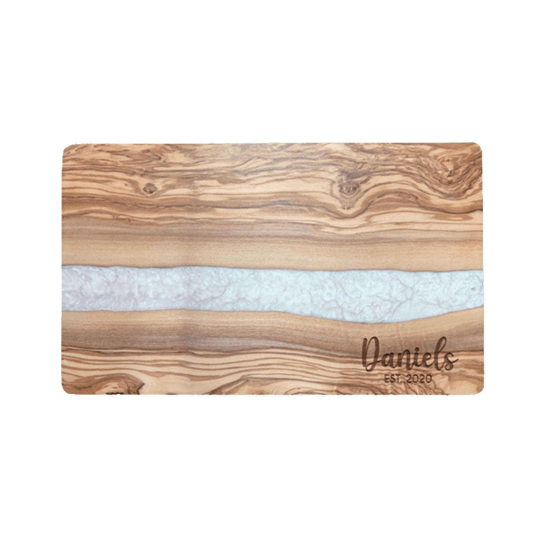 Wooden cutting board with marble pattern and engraved name on a white background