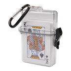 Clear card case with playing cards and carabiner on a white background