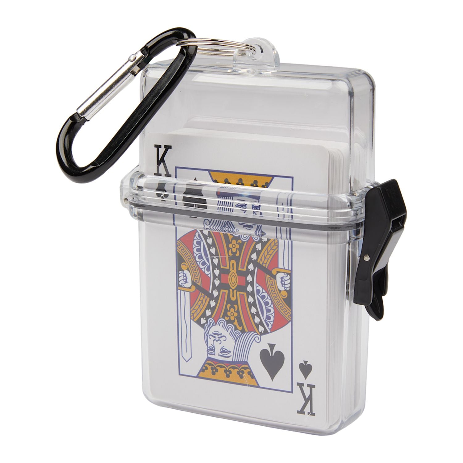 Clear card case with playing cards and carabiner on a white background