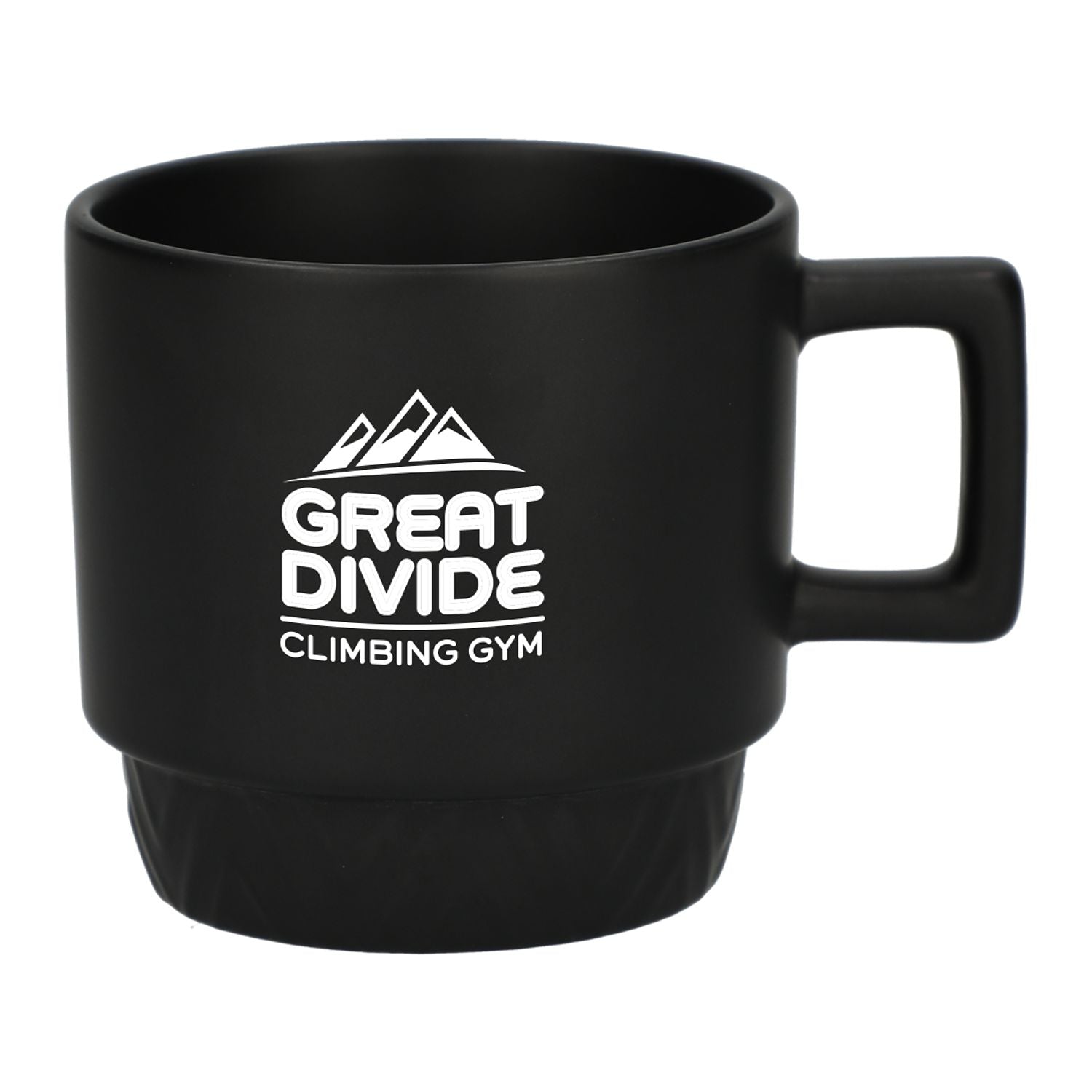 Black mug with 'Great Divide Climbing Gym' logo on a white background