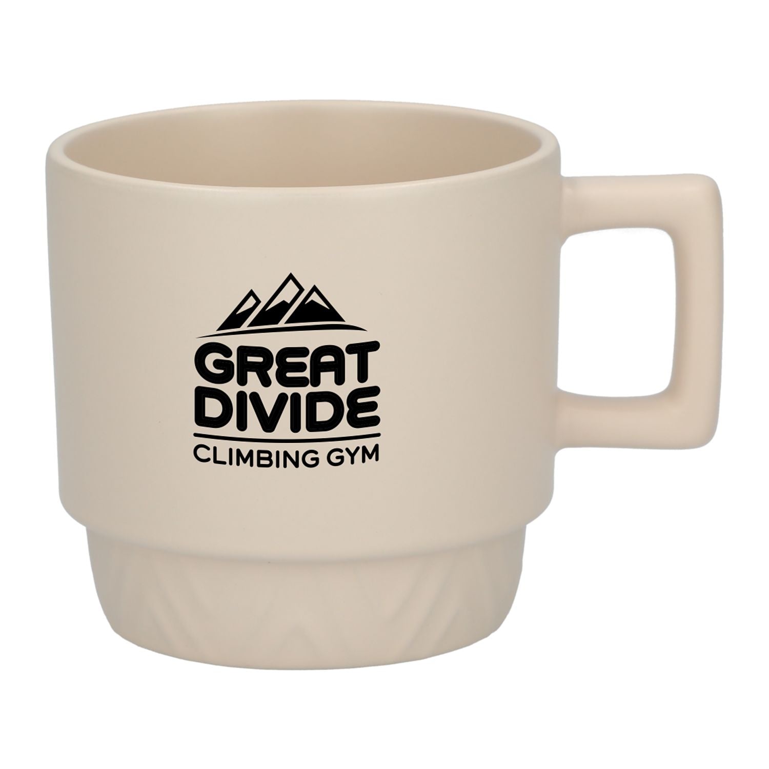 Beige mug with 'Great Divide Climbing Gym' logo on a white background