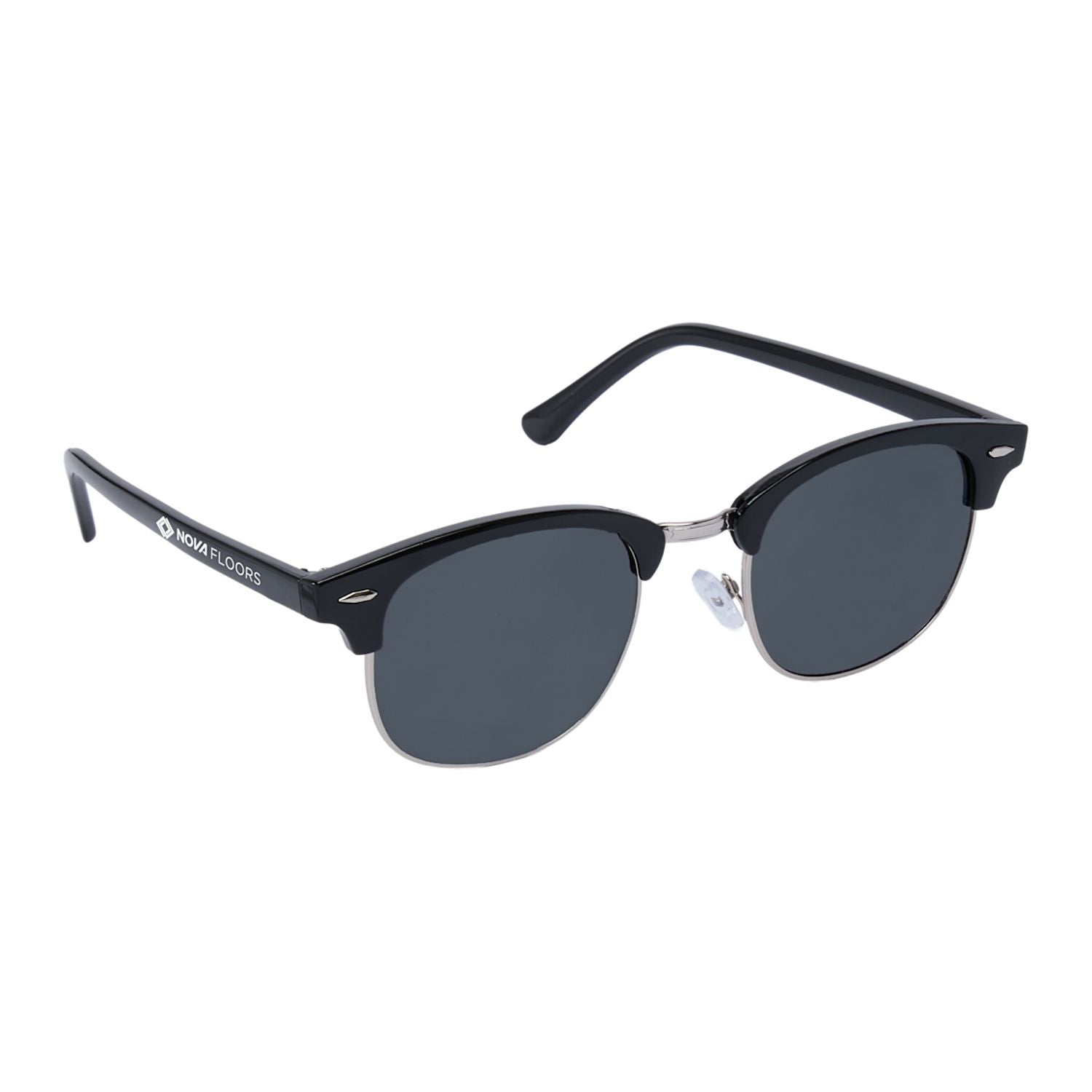 Black sunglasses with a clear brand name on a white background