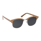 Sunglasses with wooden frame and dark lenses on a white background