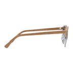 Wooden-framed eyeglasses on a white background