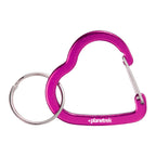 Pink heart-shaped carabiner with a custom logo