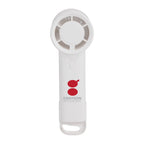 White handheld tool with gray circular component and red logo on a white background