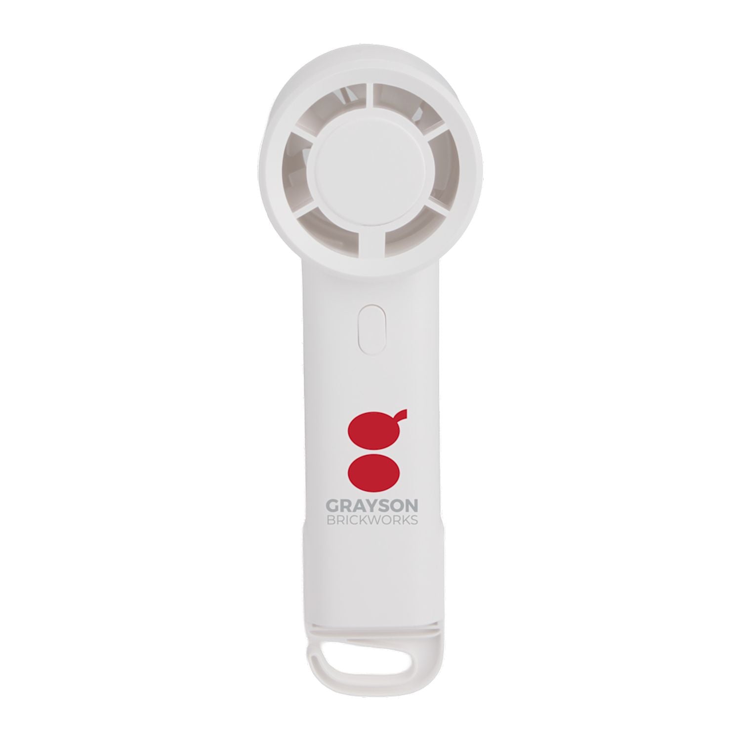 White handheld tool with gray circular component and red logo on a white background