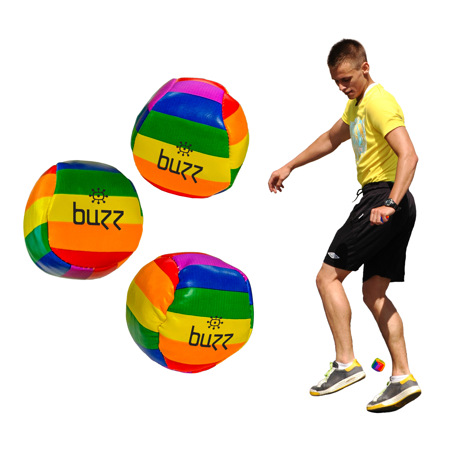 Colorful Buzz ball being kicked by a person on a white background