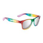 Rainbow-colored sunglasses with a logo on the arm against a white background