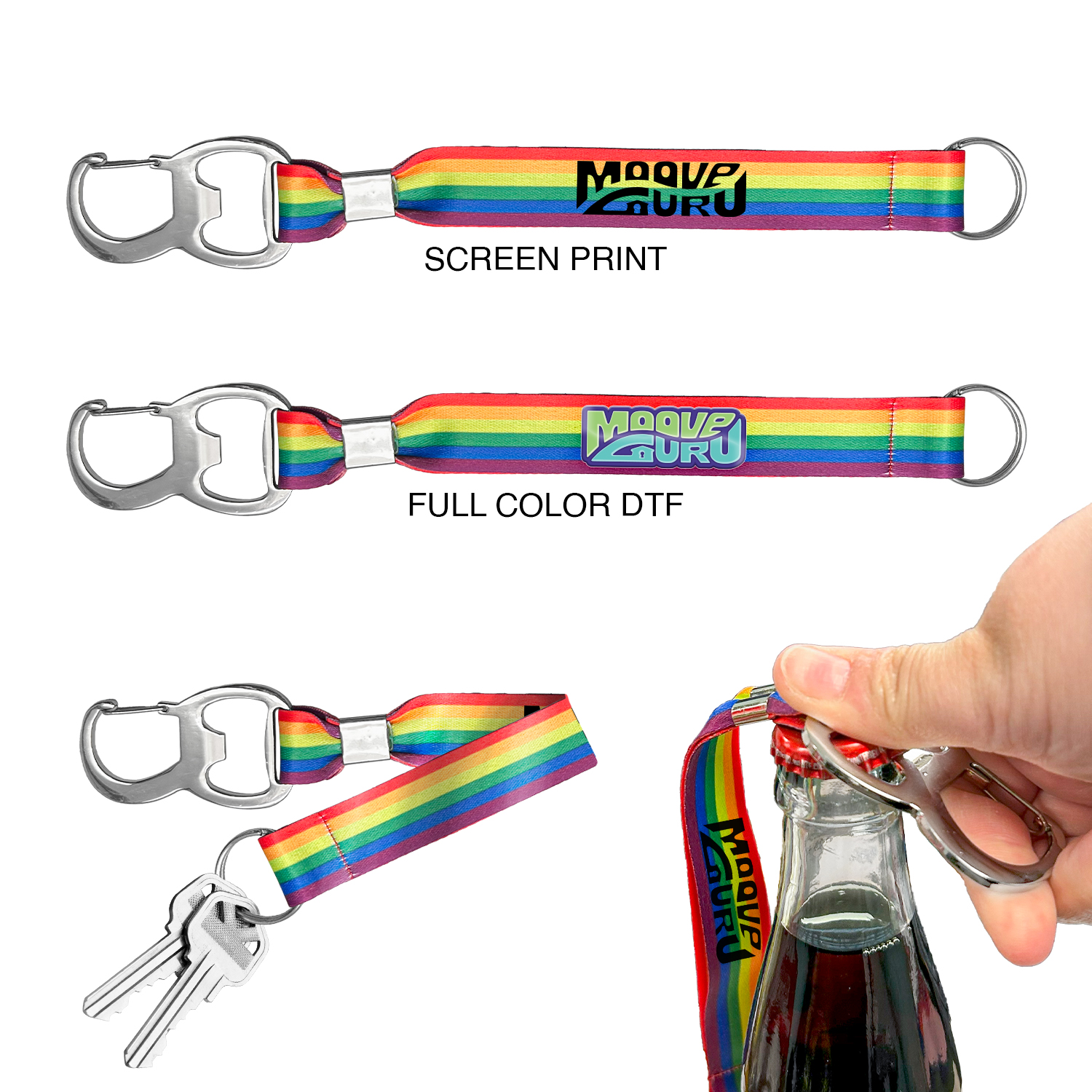 Rainbow Wrist Strap with bottle opener and keychain, showing screen print and full color DTF printing on a white background.